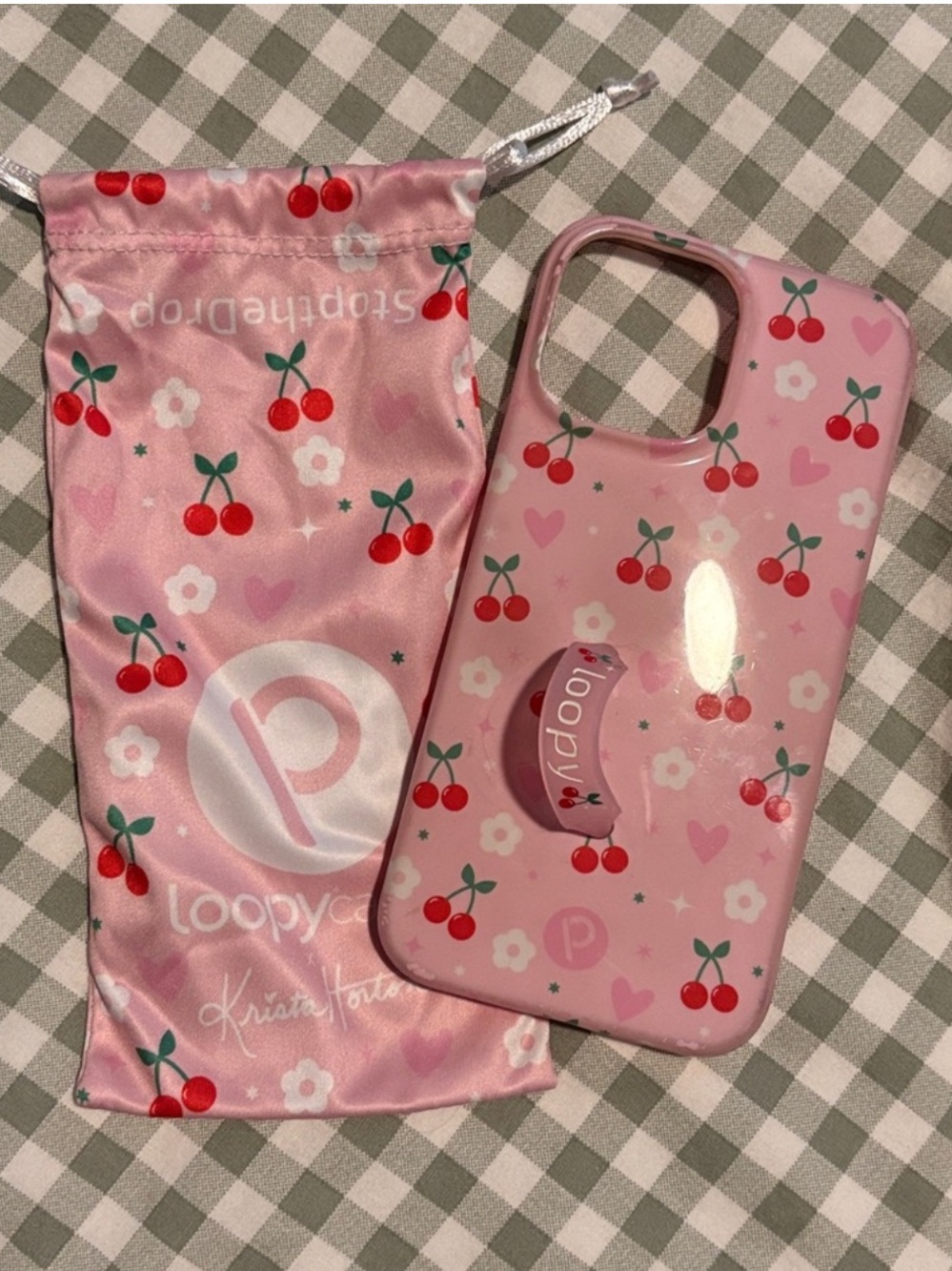 Loopy Case Pink Cherry Print iPhone Case with Matching Pouch